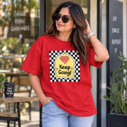 Red lifestyle mockup — Keep Going — matching existing oversized T-shirt fit