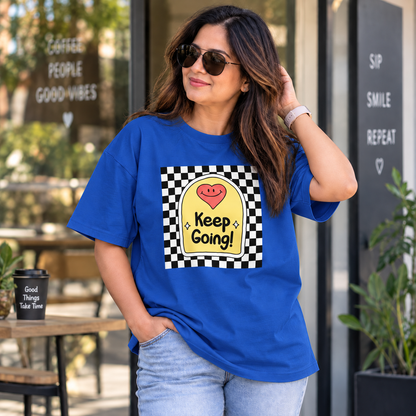 Royal Blue lifestyle mockup — Keep Going — matching existing oversized T-shirt fit