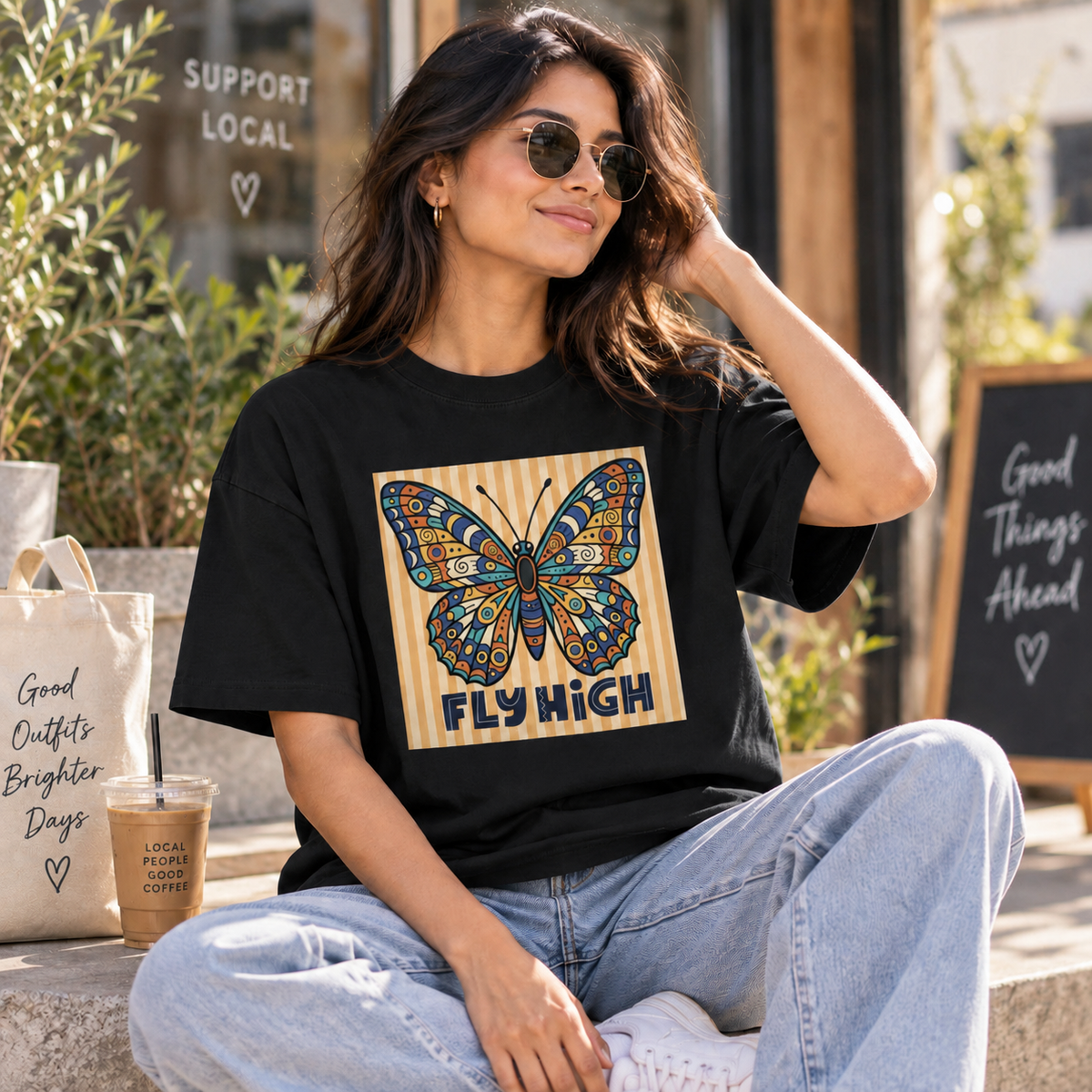 Black lifestyle mockup — Fly High — matching existing oversized T-shirt fit