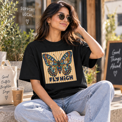Black lifestyle mockup — Fly High — matching existing oversized T-shirt fit