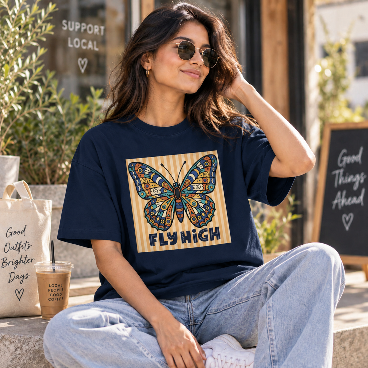 Dark Blue lifestyle mockup — Fly High — matching existing oversized T-shirt fit