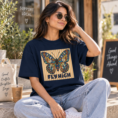 Dark Blue lifestyle mockup — Fly High — matching existing oversized T-shirt fit