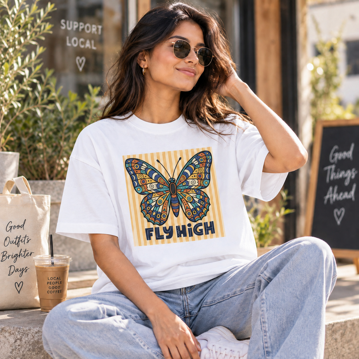 White lifestyle mockup — Fly High — matching existing oversized T-shirt fit