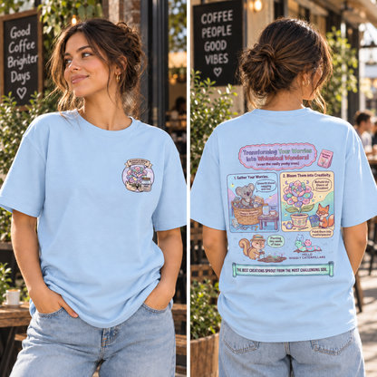Sky Blue front and back lifestyle mockup — Transform Worries Into Creativity — matching existing T-shirt fit