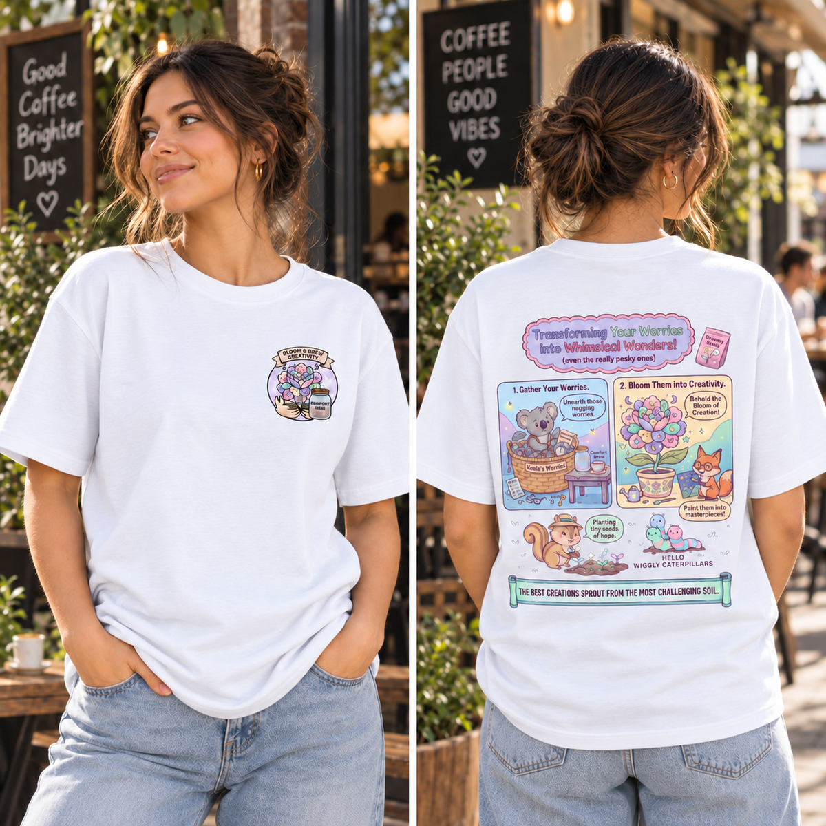 White front and back lifestyle mockup — Transform Worries Into Creativity — matching existing T-shirt fit
