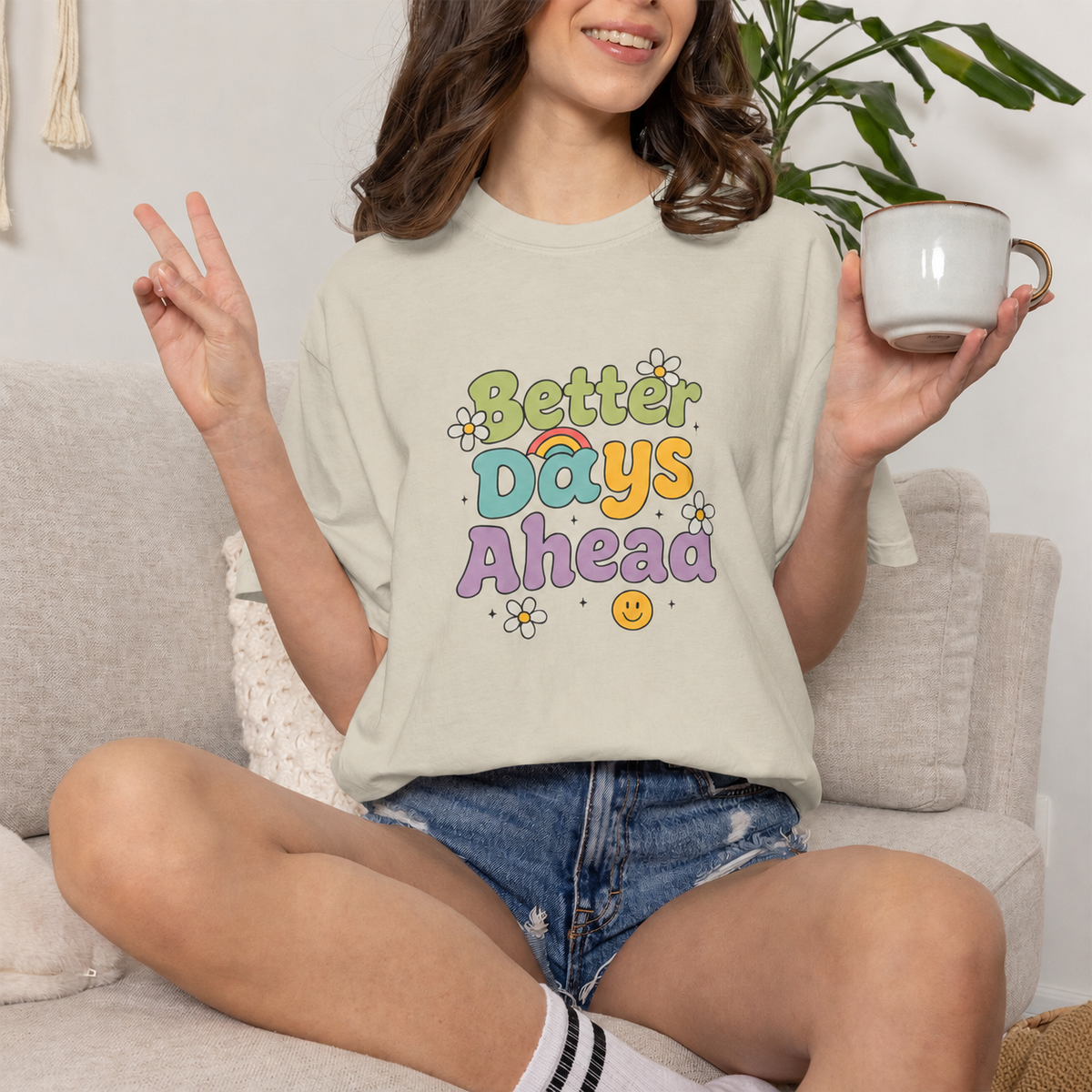 Khaki lifestyle mockup — Better Days Ahead — matching existing T-shirt fit