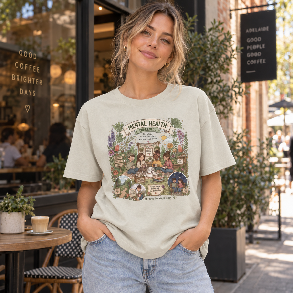 Khaki lifestyle mockup — You Are Not Alone Mental Health — matching existing T-shirt fit