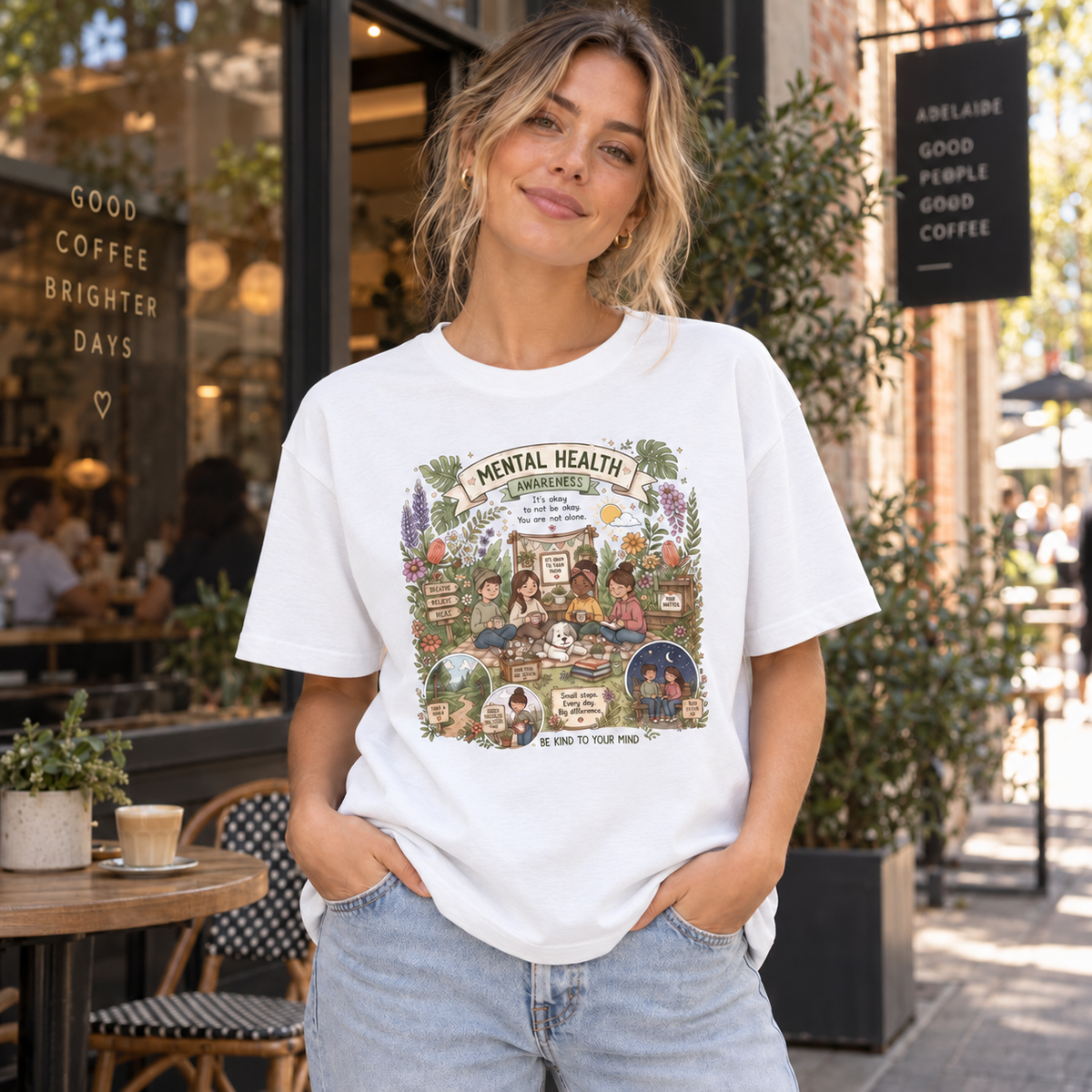 White lifestyle mockup — You Are Not Alone Mental Health — matching existing T-shirt fit